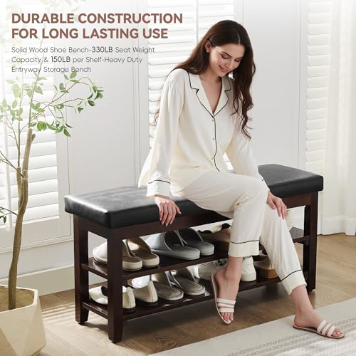 40" Shoe Bench with Leather Cushion, 2-Tier Shoe Rack Entryway Bench, Wood Bench for Front Door Entrance, Mudroom, Hallway, Wooden Shoe Shelves, Shoe Organizer, Shoe Storage, Black - color: Black