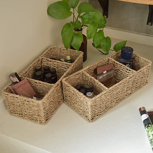 StorageWorks Wicker Toilet Basket Tank Topper, Toilet Paper Basket for Back of Toilet Tank Top, 3-Section Seagrass Storage Baskets for Shelves, 2-Pack - color: Natural (Seagrass), size: 14¼"L x 6"W x 4¼"H