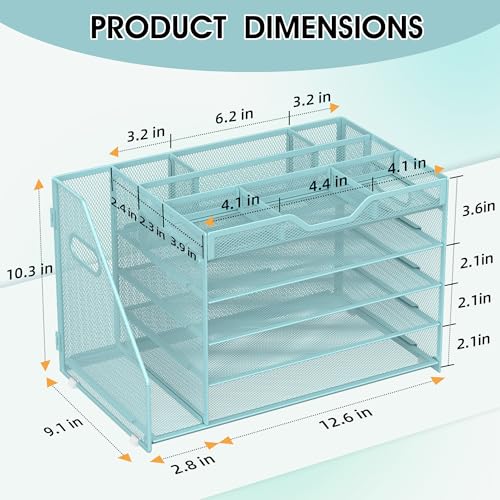 5 Tier Paper Letter Tray with File Holder and 3 Drop-in Pen Holders, Mesh Desk File Organizer with Handle, Desk Organizers and Accessories for School,Home, Office Supplies Storage-Blue - color: 5 Tier with File Holder-Blue, size: 15.4" x 9.1" x 10.3"