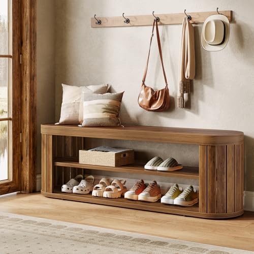 Tribesigns 47.2" Wooden Entryway Bench with 2-Tier Shoe Storage, Farmhouse Dining Bench with Adjustable Foot Pads, End of Bed Stool for Bedroom, Hallway, Living Room, Dining Room, Rustic Brown - color: Brown