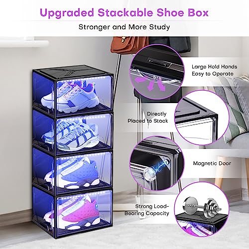 Oltraman Shoe Storage Organizer for Closet, Foldable Shoe Boxes Rack 2 pack, Clear Plastic Stackable Containers Bins Holder, Magnetic Sneaker Shelf for Sneakerheads with LED Lights (Black) - color: Black