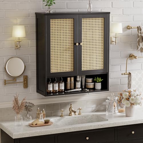 Bathroom Wall Cabinet, Bamboo Over-The-Toilet Storage Organizer with 2 Rattan Doors and Adjustable Shelf, Space Saver Medicine Cabinet for Laundry, Kitchen, Living Room (Black) - color: Black