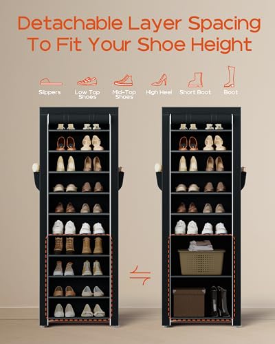 CASAMAYA Shoe Rack with Covers, 10 Tiers Tall Shoe Rack Organizer, Large Capacity Shoe Shelf Storage, Hold 20 Pairs of Shoes, Vertical Shoe Storage Organizer for Closet, Entryway, Black, SRT102B01 - size: 17.7"W - 10 Tier