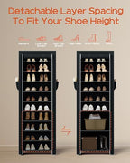 CASAMAYA Shoe Rack with Covers, 10 Tiers Tall Shoe Rack Organizer, Large Capacity Shoe Shelf Storage, Hold 20 Pairs of Shoes, Vertical Shoe Storage Organizer for Closet, Entryway, Black, SRT102B01 - size: 17.7"W - 10 Tier