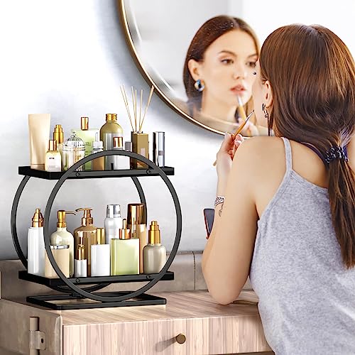 Bathroom Counter Organizer, Black Perfume Organizer for Dresser, 2 Tier Bathroom Organizer Countertop, Vanity Makeup Organizers, Skincare Display Tray for Bathroom Sink Storage - color: Black, Circular