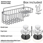 HASKO Shower Caddy Suction Cup, Shower Shelf with Soap Dish and Hooks Organizer, Suction Bathroom Shelf for Storage, Wall Mounted Basket (Polished Stainless Steel SS304) - color: Silver (1 Pack)
