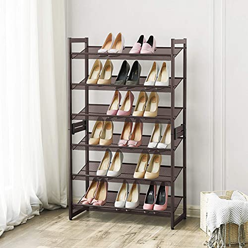 SONGMICS Shoe Rack, 3-Tier Shoe Organizer, Metal Shoe Storage for Garage, Stackable Shoe Shelf, with Adjustable Flat or Angled Shelves, 9-12 Pairs, Bronze ULMR03A - color: Bronze, size: 3 Tiers (29.1''W)