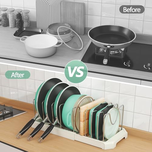 Pots and Pans Organizer for under Cabinet, Pan Pot Organizers inside Cabinet, Expandable Organizer with 10 Adjustable Dividers for Cookie Sheets, Cutting Boards, Pot Lids, Cookware - Frying Pan Rack - color: White, size: 10 Adjustable Dividers