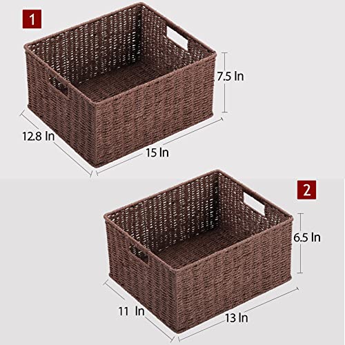 HOONEX Large Woven Storage Baskets, Paper Rope With Sturdy Metal Wire Frame, for Shelves, Set of 2, Dark Brown - color: Dark Brown, size: 15 x 12.8 x 7.5 inches