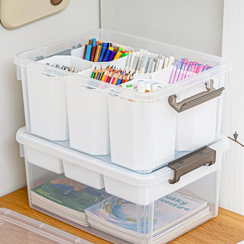 Citylife 17 QT Plastic Storage Box with Removable Tray and 6 Detachable Tall Inserts Craft Organizers and Storage Clear Storage Container for Organizing Crayon, Craft, Sewing, Playdoh, 2 Packs - size: 17 Qt- 2 Pack- W