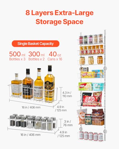 VEVOR Over the Door Pantry Organizer, 8-Tier Pantry Organization and Storage, Heavy-Duty Steel Hanging Spice Rack, Adjustable Wall Seasoning Shelves, for Home Kitchen Laundry Room Bathroom, White - color: White, size: 8-Tier