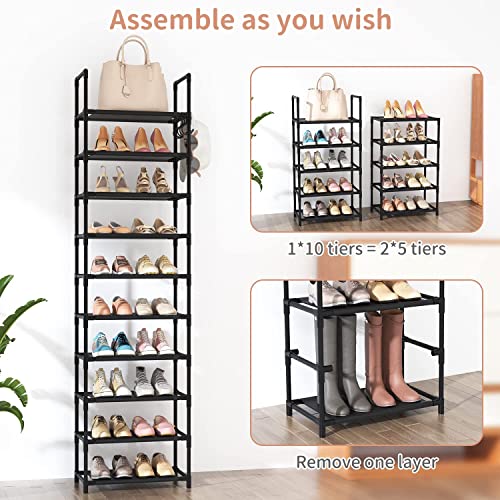 LANTEFUL 10 Tiers Tall Shoe Rack 20-25 Pairs Boots Organizer Storage Sturdy Narrow Shoe Shelf for Entryway, Closets with Hooks, Black - color: Black, size: 10 Tier-68" High-17" Wide