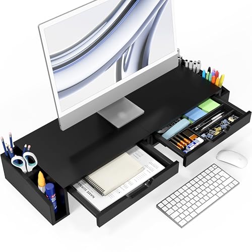 Simple Houseware Desk Dual Monitor Stand Riser with Pull-Out Drawers, Black