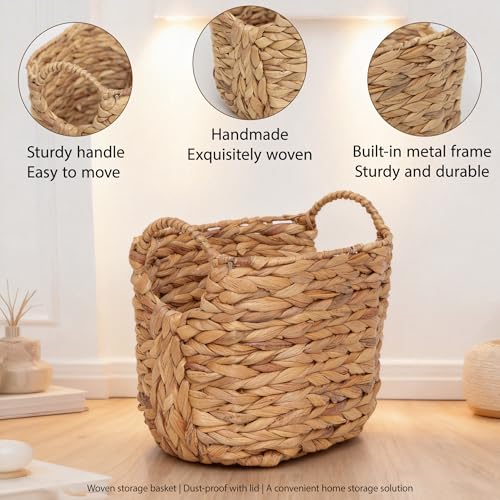 Water Hyacinth Storage Basket with Handles, Woven Boho Storage Basket for Organizing, 11.8" x 7.87" x 8.66" Natural Oval Handwoven Basket for Shelf, Bathroom, Living Room