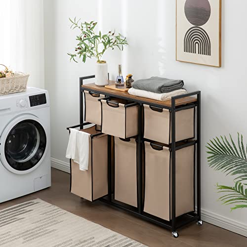 Suntage Laundry Basket Organizer, Hampers for Laundry 6 Compartments, Laundry Hamper with 6 Sliding Laundry Sorter Bags, Top Storage Shelf, and Metal Frame (6 Compartments) - style: 6 Compartments