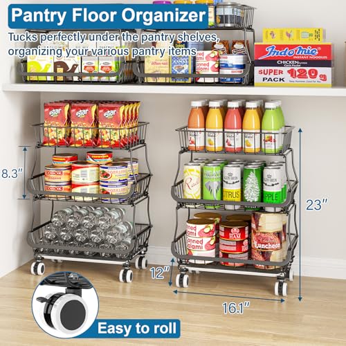 OKZEST 3-Tier Rolling Pantry Floor Organizer and Storage Cart with Wheels, Stackable Wire Pantry Baskets for Pantry Shelves, Kitchen Fruit Basket Stand and Storage Rack for Fruit Snack Onion Potato - color: Black, size: 3-Tier Baskets