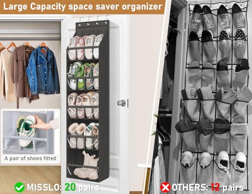 MISSLO 20 Pairs Over the Door Shoe Organizer for Closet Narrow Hanging Shoe Rack for Door Hanger Deep Pocket Door Shoe Holder Storage for Boots, Size 13 Sneakers, Black - color: Black