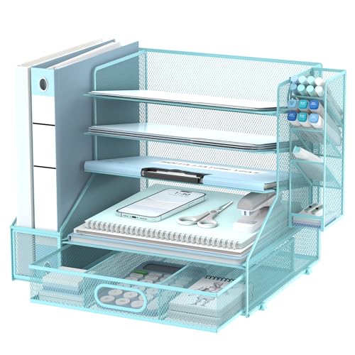 SUPEASY Desk Organizer with File Holder, 5-Tier Mesh Paper Letter Tray Organizer with Pen Holder and Drawer, Desktop Organizer and Storage with 3 Tilted File Sorter for Office Supplies, Blue - color: Blue