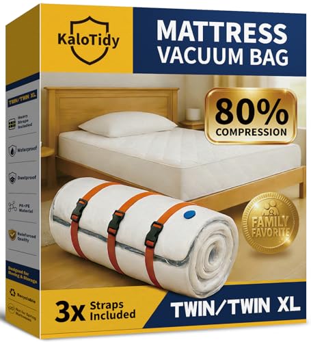 Memory Foam Mattress Vacuum Bag, Heavy-Duty Mattress Storage Bag for Moving and Transport, Mattress Compression Bag with Straps & Dual-Zip Seal (Orange Straps, Twin/Twin XL) - size: Twin/Twin XL