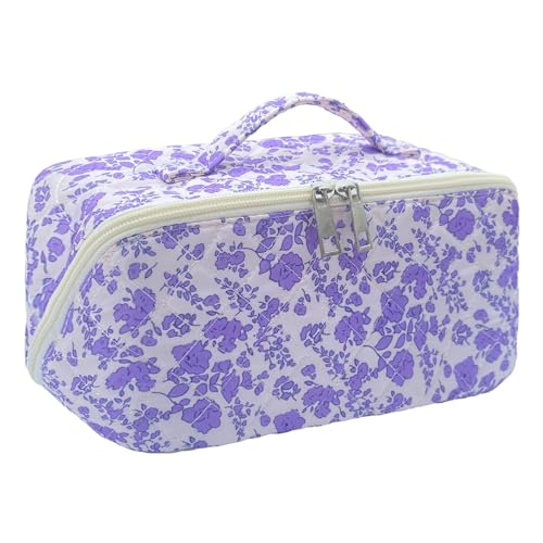 Purple Large Quilted Floral Makeup Bag Cute Coquette Aesthetic Cosmetic Bag Open Flat Travel Toiletry Make up Bag for Women - color: C-lay flat purple