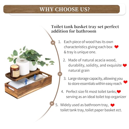 Hanobe Bathroom Toilet Tank Basket: Wood Acacia 2pcs Toilet Paper Topper with Vanity Tray Back of Organizer Toiletry Storage Holder Box