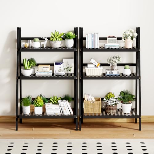 oakvivo 39.4" Foldable Plant Shelf Ladder Shelf, 3 Tier Bamboo Ladder Flower Pot Display Shelf, Freestanding Ladder Bookshelf for Garden, Balcony, Yard, Living Room, 23.6" W x 15" D x 39.4" H, Black - color: 3-Tier Black