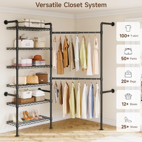 L2 Wall Mounted Closet System, Industrial Pipe Clothing Rack Clothes Racks with 2 Telescopic Rod & 6 Shelves, Heavy Duty Closet Organizers System in Wardrobe Closet, Black - color: Black