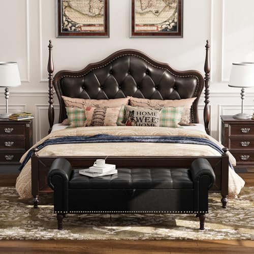 Apicizon 51” Bench with Storage, Queen Size Faux Leather End of Bed Bench with Tufted Button, Ottoman Bench with Rolled Arms & Vintage Rivets for Foot of Bed, Living Room, Entrance, Black - color: Black, size: 51 Inches