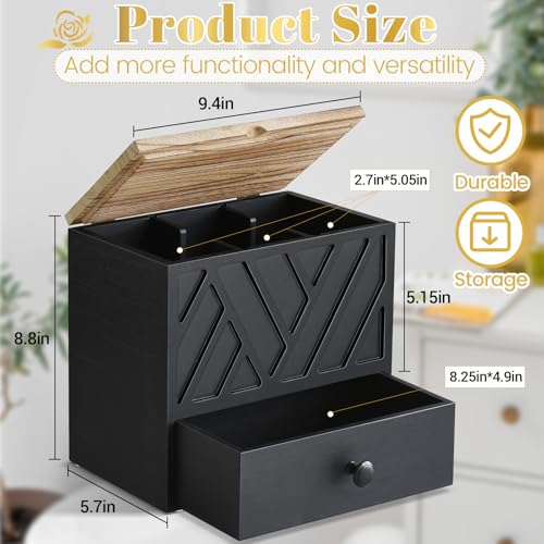 Tampon Holder for Bathroom Decor, Feminine Product Organizer with Lid and Drawer, Shark Week Tampon Storage, Wood Pad and Tampons Organizer for Toilet Storage, Bathroom Accessories Box for Girl Stuff - color: Black