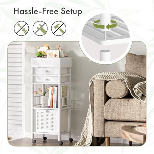 Amazer Bamboo Makeup Organizer Cart with 3 Drawers, Floor Skin Care Storage for Bathroom Bedroom, Rolling Vanity Organizer Cart for Cosmetic, Nail Polish, Perfume and Hair Tools, White - color: White
