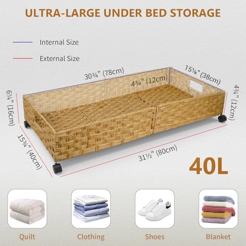 Under Bed Storage Containers with Wheels, 31.5” Large Handwoven Rattan Rolling UnderBed Storage Bins, Tool-free Assembly Natural Under The Bed Organizer Drawers for Bedroom, Sheets Clothes Blankets - style: 2 Pack(A-Natural)