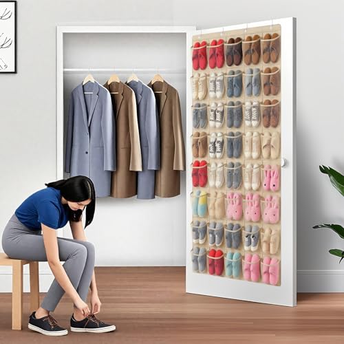 40-Pocket Over the Door Shoe Organizer - Large Mesh Pocket Hanging Shoe Organizer,Behind the Door Shoes Storage Holder Hanger - color: Beige