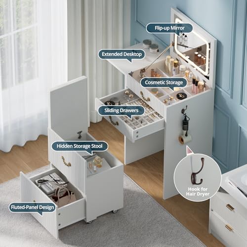 FURSUN 3-in-1 Vanity with Flip Mirror & Lights, Fluted Compact Vanity Table with 3 Drawers, Storage Compartment and Rolling Stool, Modern Small Makeup Vanity for Bedroom, Powder Room, Solid White - size: 15.7"D x 18.2"W x 46.9"H, style: White