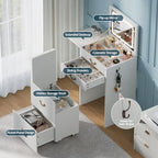FURSUN 3-in-1 Vanity with Flip Mirror & Lights, Fluted Compact Vanity Table with 3 Drawers, Storage Compartment and Rolling Stool, Modern Small Makeup Vanity for Bedroom, Powder Room, Solid White - size: 15.7"D x 18.2"W x 46.9"H, style: White
