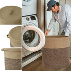 Extra Large Storage Basket with Lid 60L, 16"Wx18"H Woven Laundry Hamper Basket with Handle, Jute Rope Wicker Basket Blankets Pillows Storage in Living Room Baby Nursery, Jute/Black Mix includes Lid - color: Jute/Black Mix-16"Wx18"H