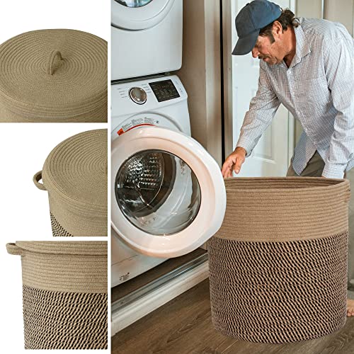 Extra Large Storage Basket with Lid 60L, 16"Wx18"H Woven Laundry Hamper Basket with Handle, Jute Rope Wicker Basket Blankets Pillows Storage in Living Room Baby Nursery, Jute/Black Mix includes Lid - color: Jute/Black Mix-16"Wx18"H