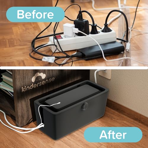 KinderSense® Cable Management Box - Cord Organizer with Child Proof Lock - Cord Hider to Conceal Wires,Power Strips from TV,Computer,Desk and Babies - 12 X 5.25 x 5.25 (Black)