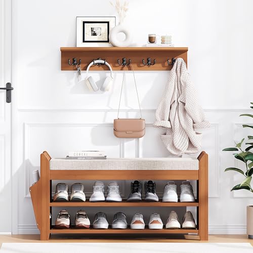 PETKABOO 31.5" Shoe Bench with Coat Rack Hidden Drawer and Side Holder, 2 Tier Entryway Bench with Storage 39.4 in, Bamboo Shoe Rack with Cushion for Entryway Hallway Living Room Bedroom - size: 31.5 in with Hook