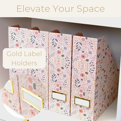 BLU MONACO | Cardboard Magazine File Holder Set of 4 | Standing File Holder with Floral Boho Design | Foldable Cardboard Bins for Shelves Desk Office Storage - color: Floral BOHO