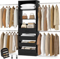 Aheaplus Closet System, 4-9Ft Closet Organizer with 4 Wooden Drawers, Wood Closet Organizer System with Tower, Walk-in Closet Organizer Wardrobe Clothes Rack with 4 Hanging Rods, Garment Rack, Black - color: Black