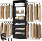 Aheaplus Closet System, 4-9Ft Closet Organizer with 4 Wooden Drawers, Wood Closet Organizer System with Tower, Walk-in Closet Organizer Wardrobe Clothes Rack with 4 Hanging Rods, Garment Rack, Black - color: Black