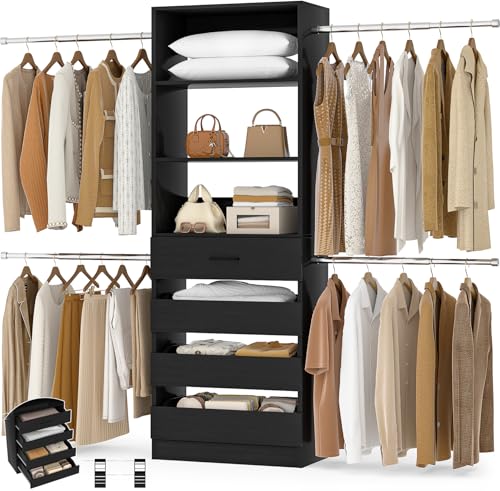 Aheaplus Closet System, 4-9Ft Closet Organizer with 4 Wooden Drawers, Wood Closet Organizer System with Tower, Walk-in Closet Organizer Wardrobe Clothes Rack with 4 Hanging Rods, Garment Rack, Black - color: Black