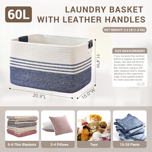 60L Large Laundry Basket with Leather Handles for Living Room Storage, Woven Rope Baskets Bin for Blanket, Kids Toy, Gifts, Wicker Hamper for Bedroom Dirty Clothes, 21"x15"x11" Denim Blue - color: Denim Blue, size: 60L