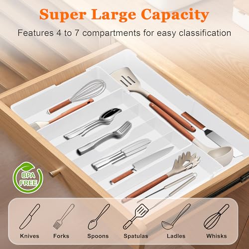 Spaclear Expandable Large Silverware Organizer - BPA-Free Utensil Organizer for Kitchen Drawer, Adjustable Silverware Drawer Organizer Flatware Cutlery Tray for Spoons Forks Knives,10.2"-17.2" Wide - color: White