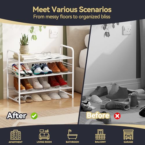 3 Tier Shoe Rack, Closet Shoe Organizer for Entryway, Heavy Duty Stackable Shoe Storage Shelf Stand,White