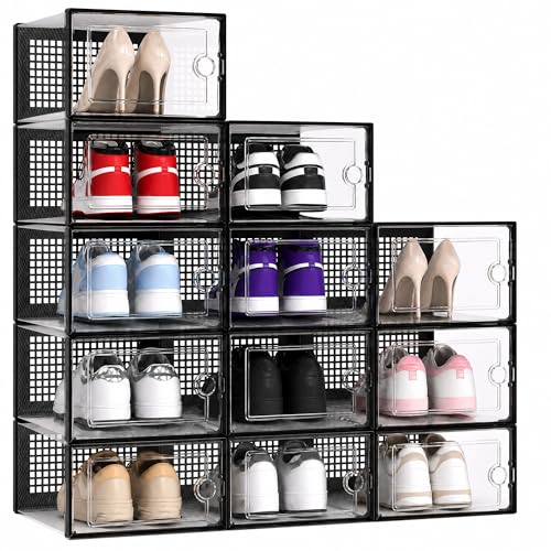 Kuject X-Large Shoe Storage Boxes Organizers Clear Plastic Stackable 12 Pack, Shoe Rack & Holder Substitute, Sneaker Containers, Toy Storage Organizer Bins for Entryway, Closet, Under Bed, Black - color: Black, size: X-Large