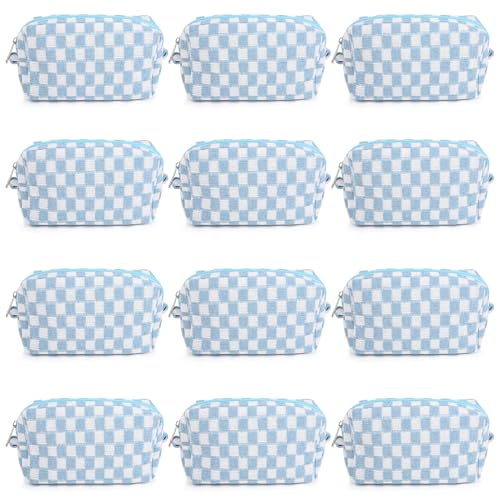 SOIDRAM 12PCS Checkered Makeup Bag Preppy Cosmetic Bag Bulk Blue Makeup Pouch Personalize Travel Toiletry Bag Organizer Cute DIY Makeup Brushes Storage Bag for Women - color: Light Blue, size: 12 Pack