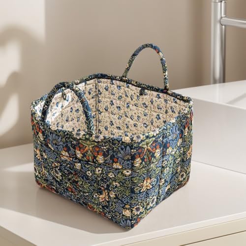 Boho Fabric Storage Basket, Boho Floral Laundry Baskets, Folding Bohemian Style Puffer Quilted Tote, Spring Vintage Storage Bag Organizer Large Capacity with Handle & Front Pocket (Blue) - color: Blue