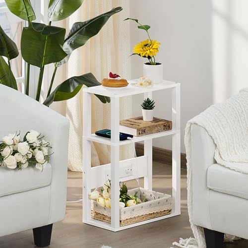 YUFAM 3-Tier Small Narrow Wood Side Table with Charging Station, Skinny Nightstand for Small Space, Slim Bedside Table with Storage for Couch, Thin End Table with USB Ports and Outlets, White - color: White, size: 1 Pack