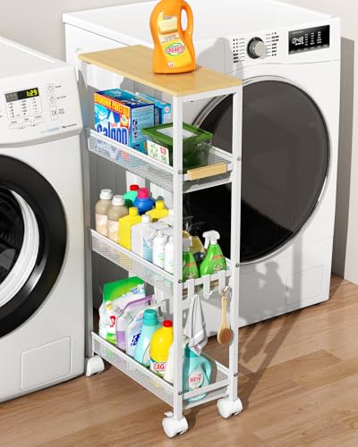 TIPGO Utility Slim Storage Cart, 4 Tier Rolling Cart with Wheels, Narrow Storage Cabinet for Bathroom, Laundry Shelves for Room Organization, Small Organizer for Kitchen, Office and Dorm (White) - color: White